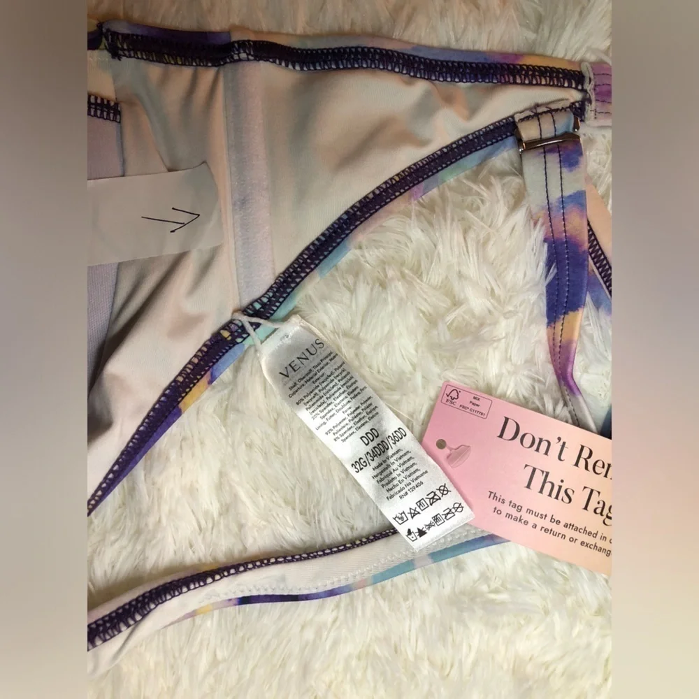 VENUS Purple and Yellow Marble Bikini Top with Adjustable Straps DDD